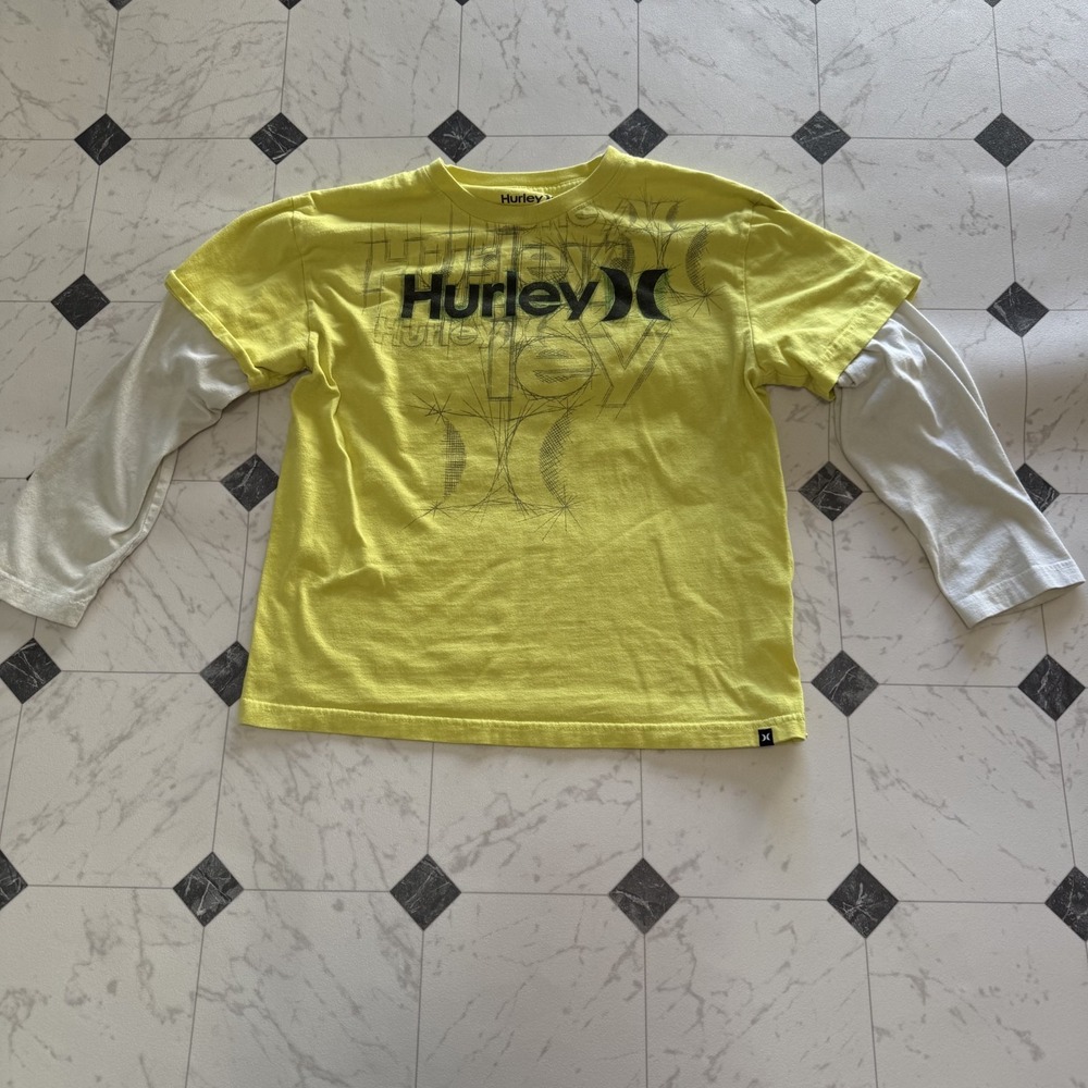 Hurley Logo Graphic Layered Long Sleeve T-Shirt Yellow White Youth‎ M